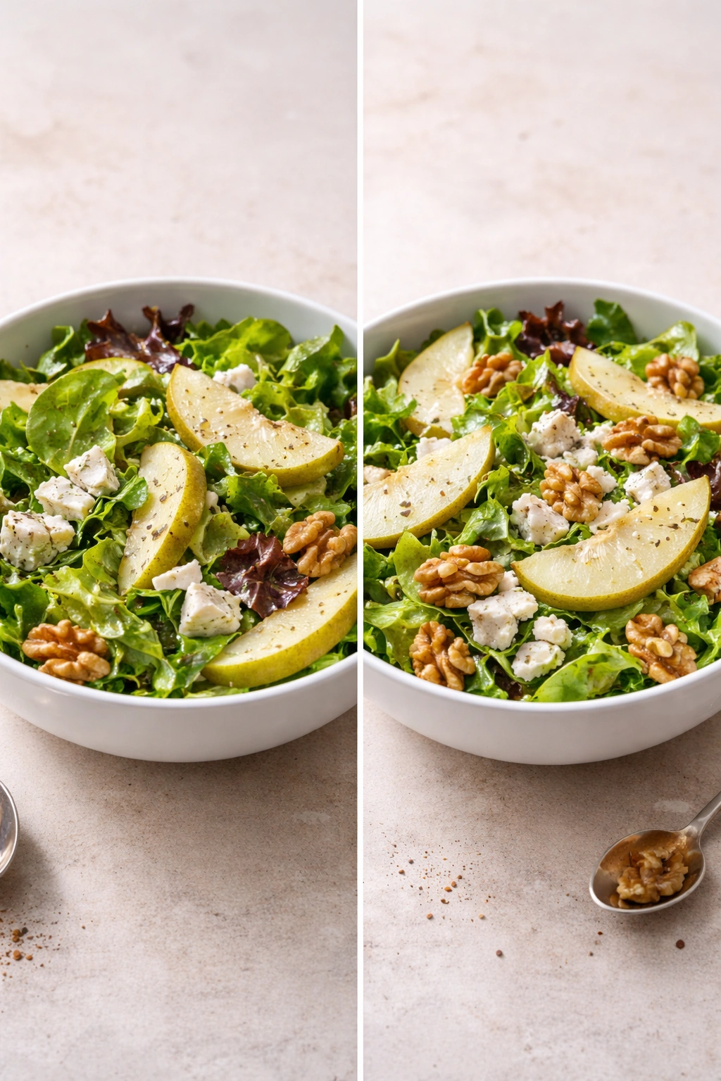 Comparison of common salad mistakes vs fixes: dull dressing and uneven cheese contrasted with bright vinaigrette and balanced toppings.