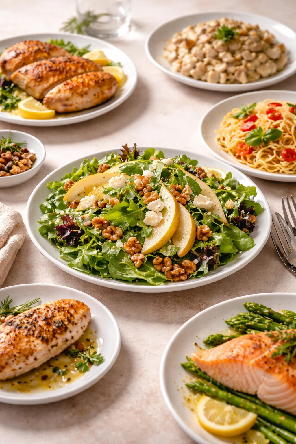 Gorgonzola salad with walnuts and pear plated to suggest meals pairing with protein and pasta