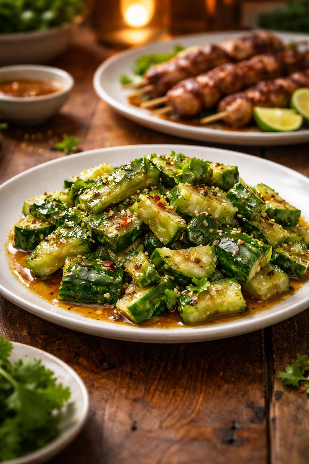 Smashed cucumber salad plated with a hint of grilled meat in the background