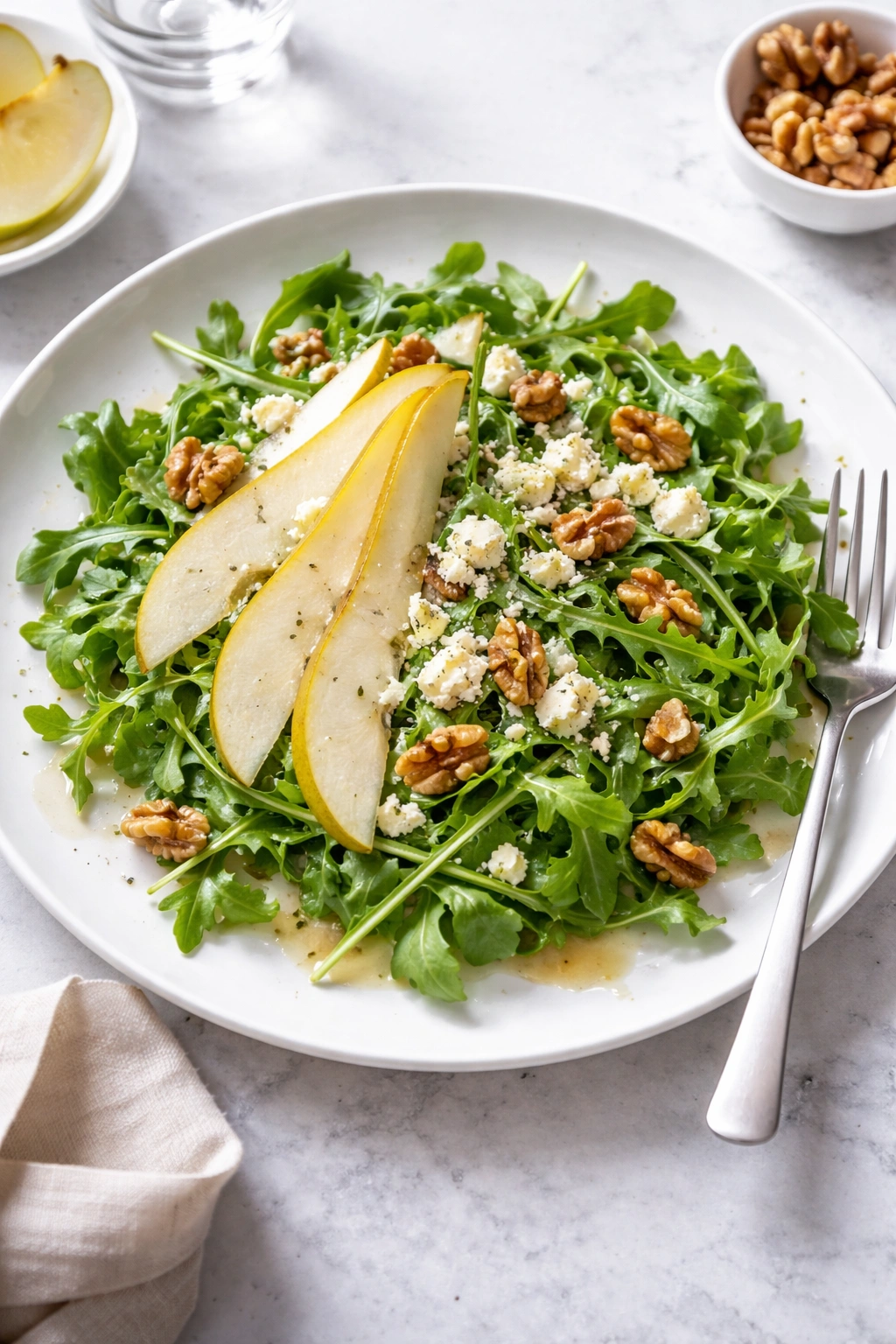 Elegant plated gorgonzola salad with arugula, walnuts, and pear on a chilled plate
