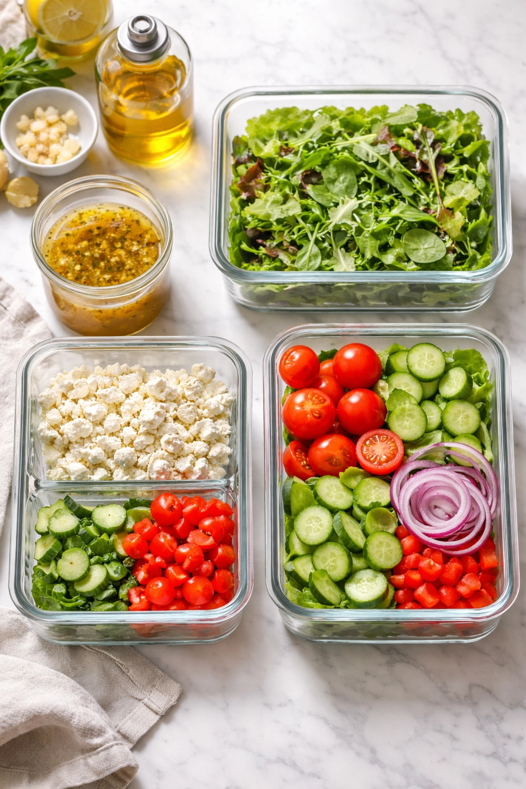 Meal-prep containers with greens and vegetables