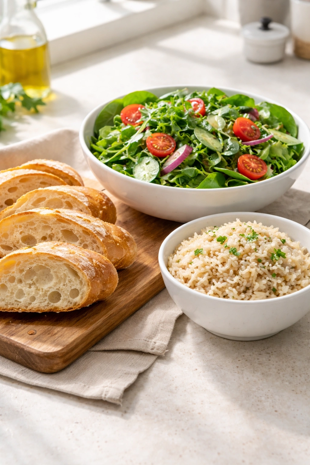Fresh salad, pre-cooked rice, and crusty bread as quick sides