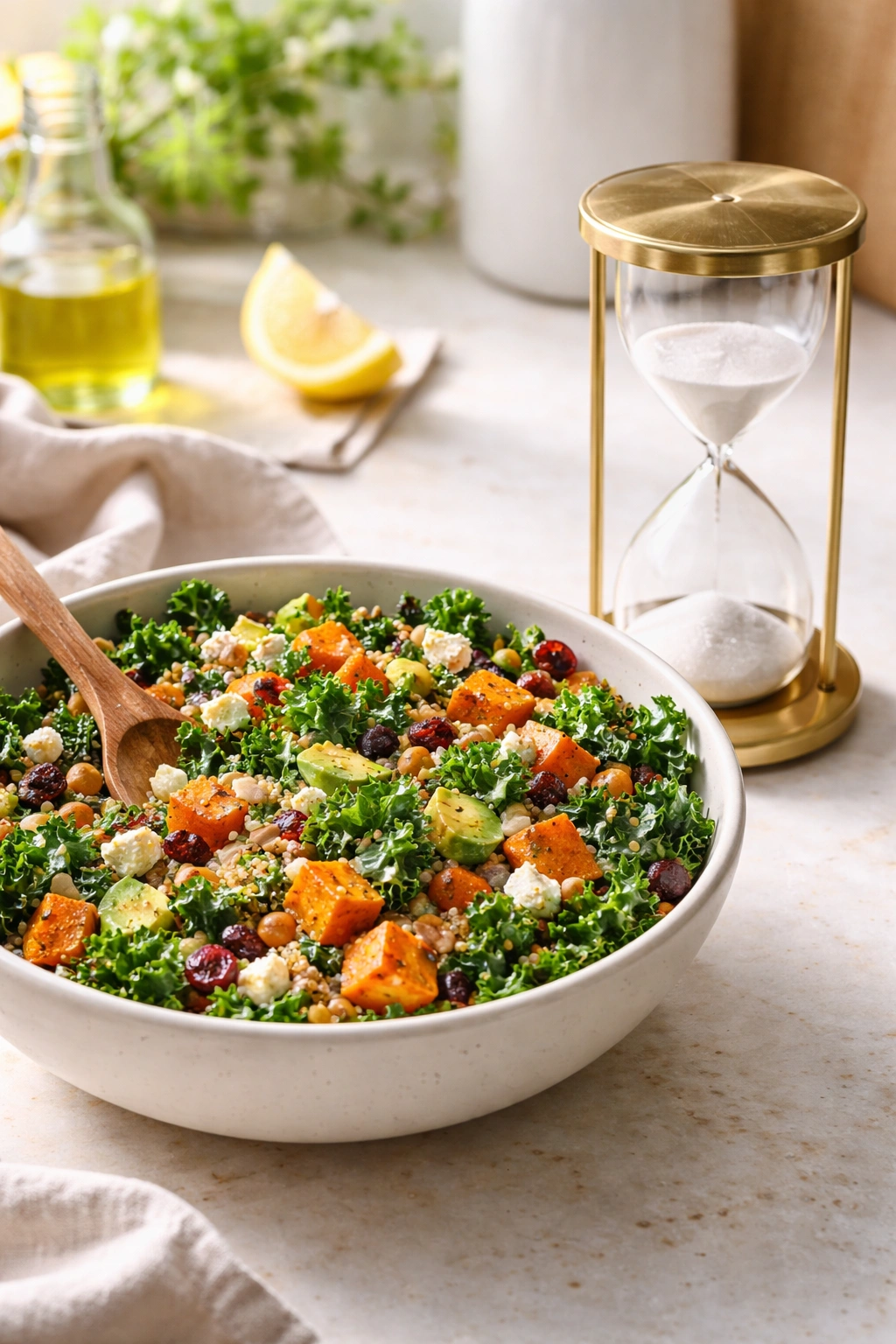 Salad bowl with hourglass on a counter to imply serving timing.