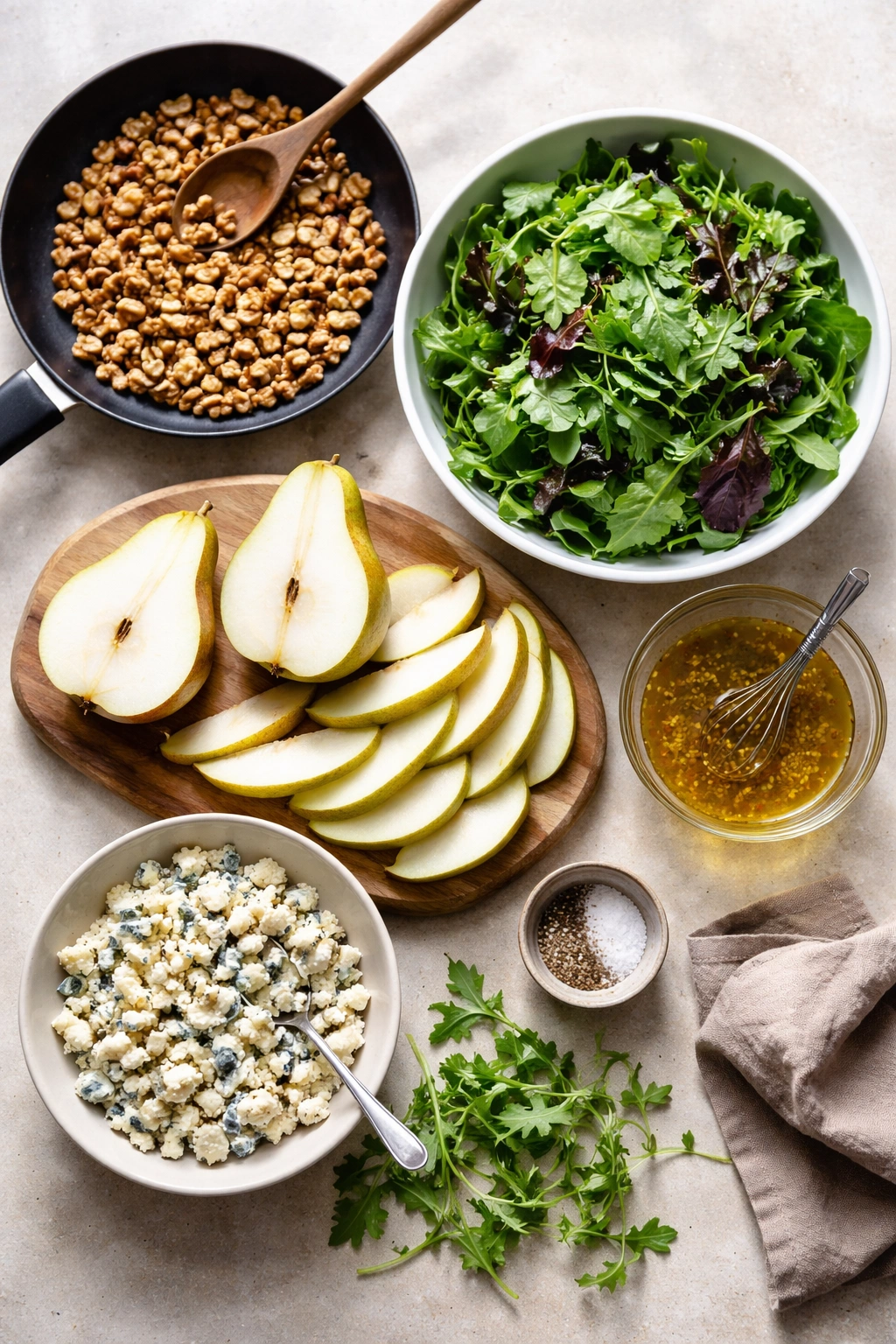 Flat lay of step-by-step salad prep: toasting walnuts, washing greens, slicing pears, and preparing vinaigrette.