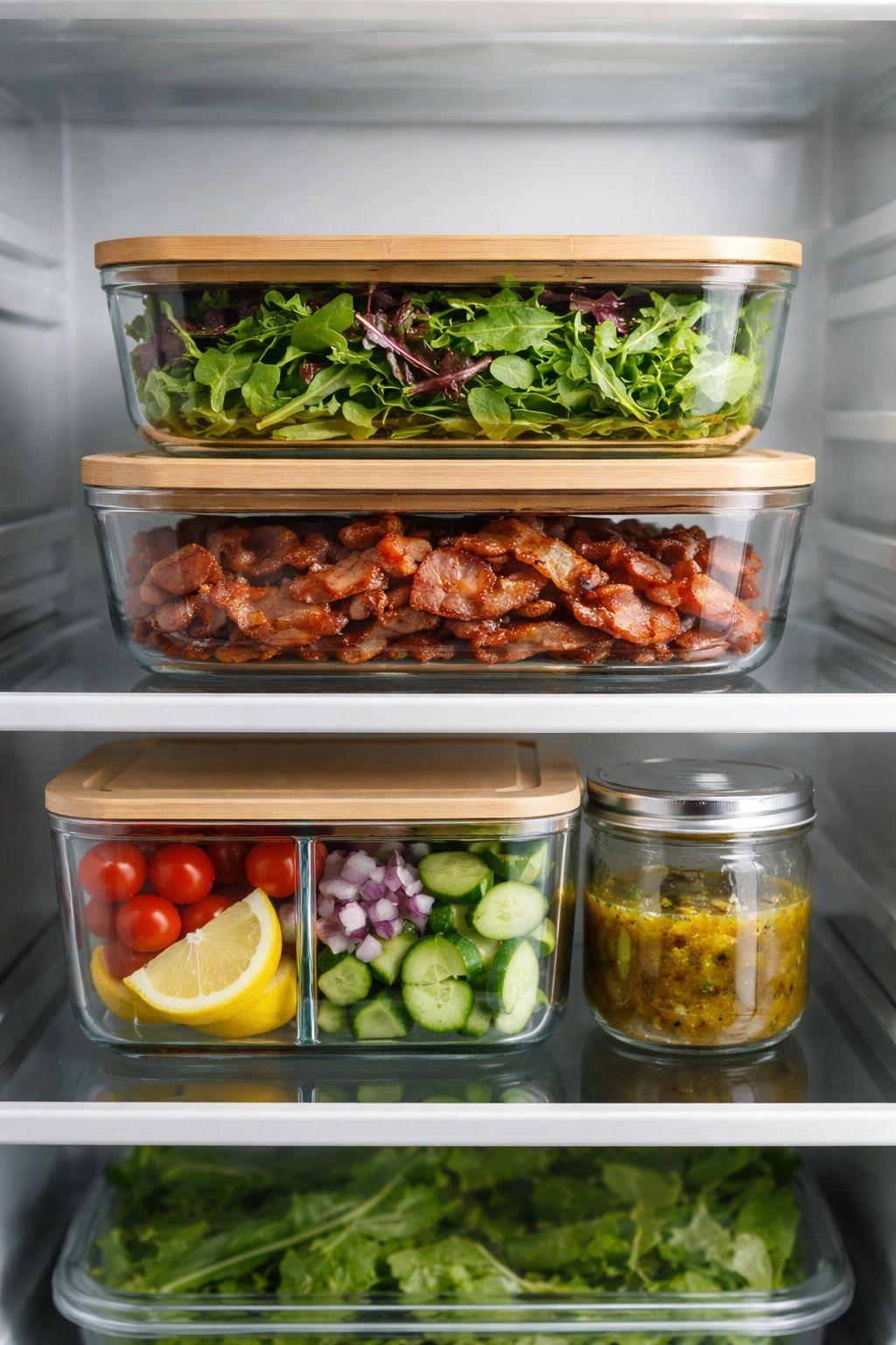 Stored greens, bacon, and vinaigrette components in labeled containers on a kitchen shelf.