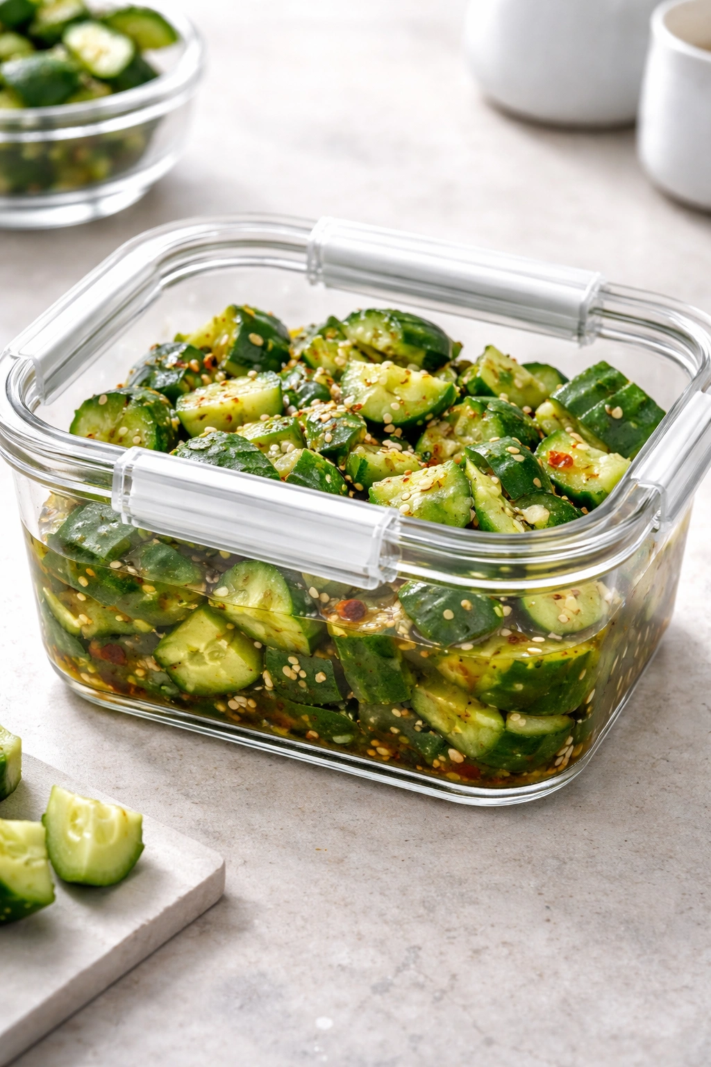 Glass storage container with cucumber salad showcasing make-ahead freshness