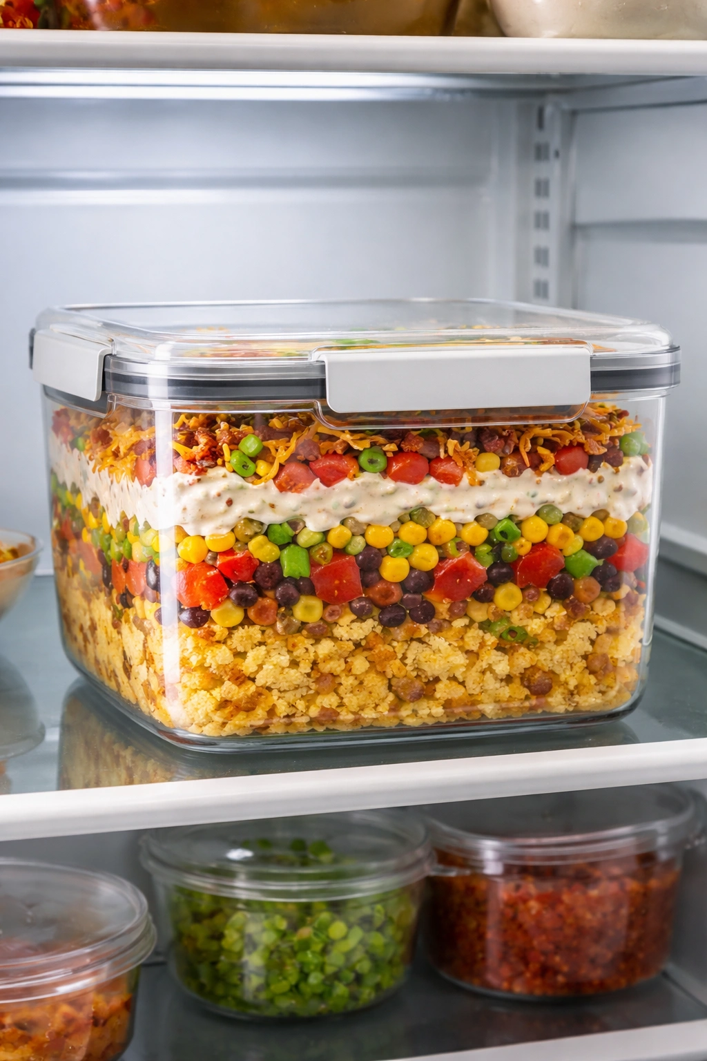 Airtight salad container on a refrigerator shelf