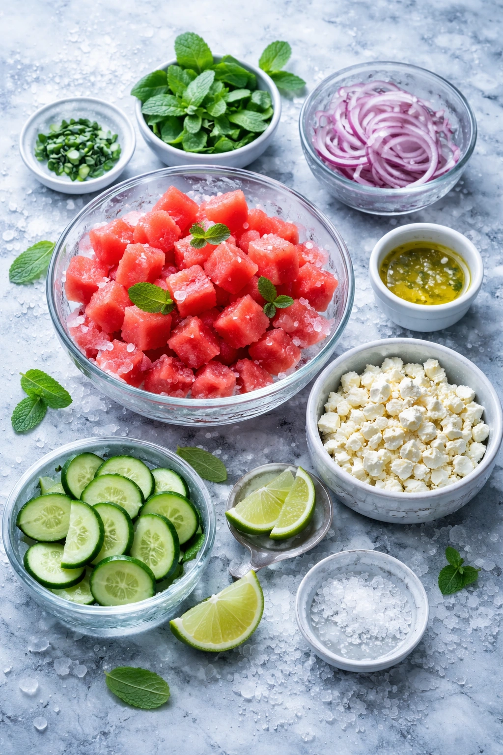 Chilled bowls with watermelon, feta, and herbs for a perfectly cold salad