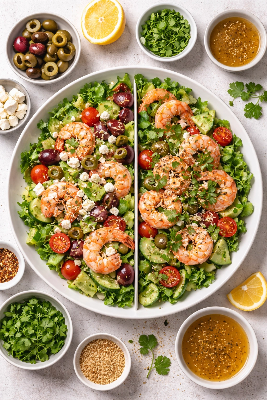 Seafood salad plated with two flavor variation sections