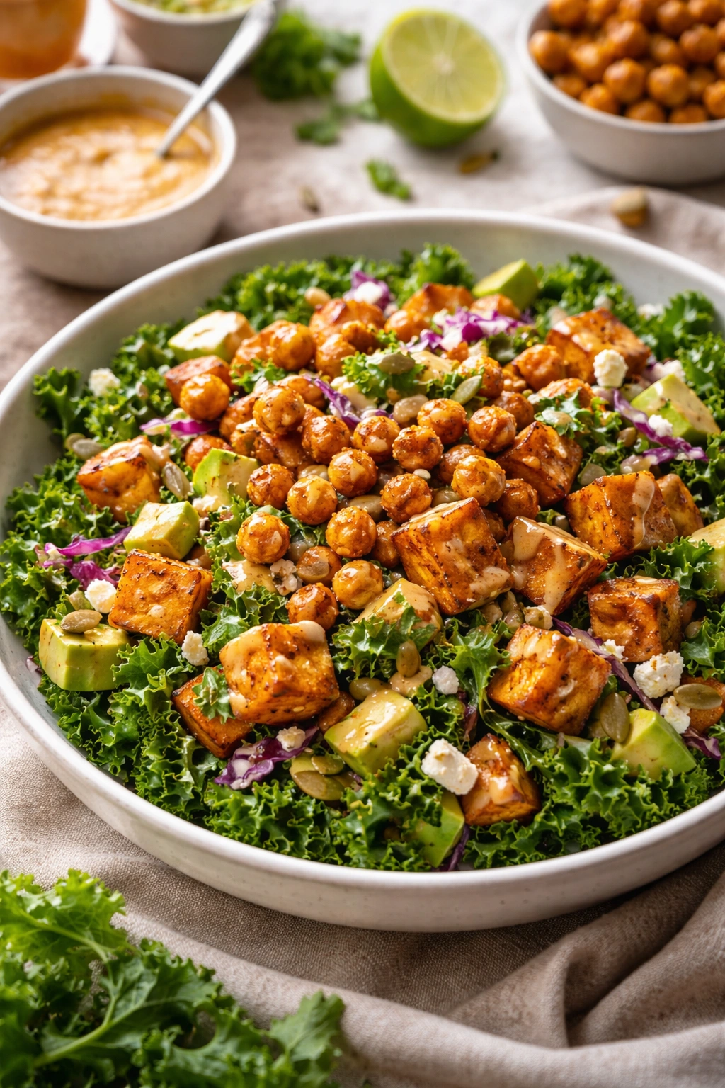 Vibrant kale salad bowl with roasted sweet potatoes and crispy chickpeas