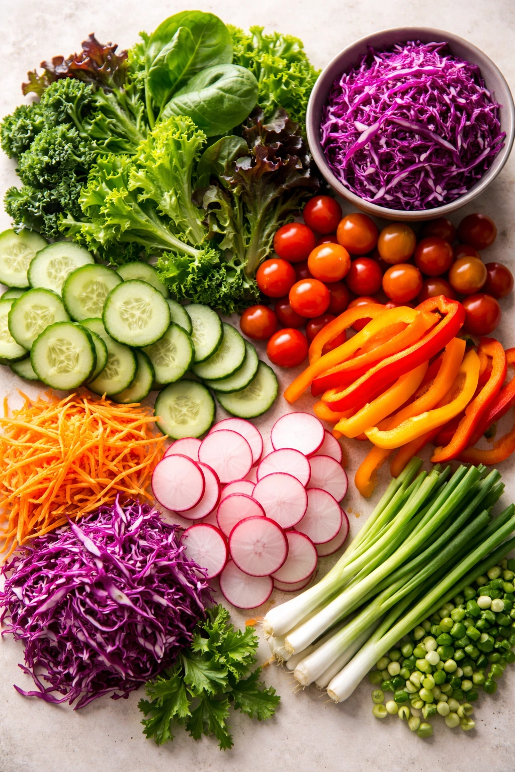 Colorful salad vegetables including greens, cucumber, carrot, cabbage, radish, tomato, pepper, and scallion