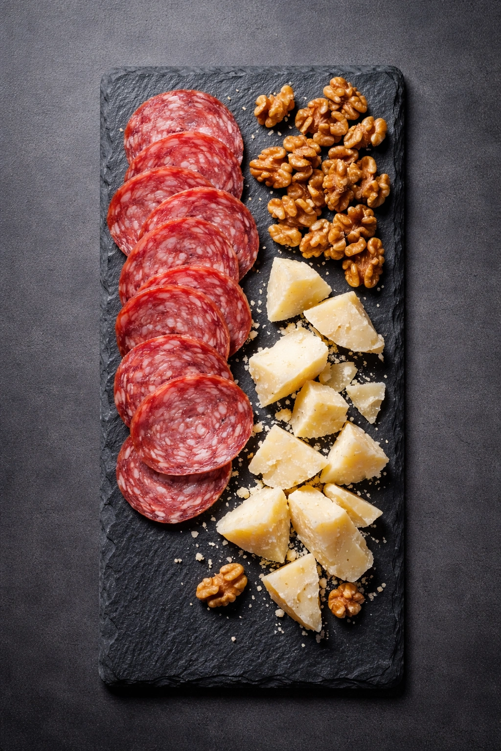 Salami, Pecorino, and walnuts on slate board