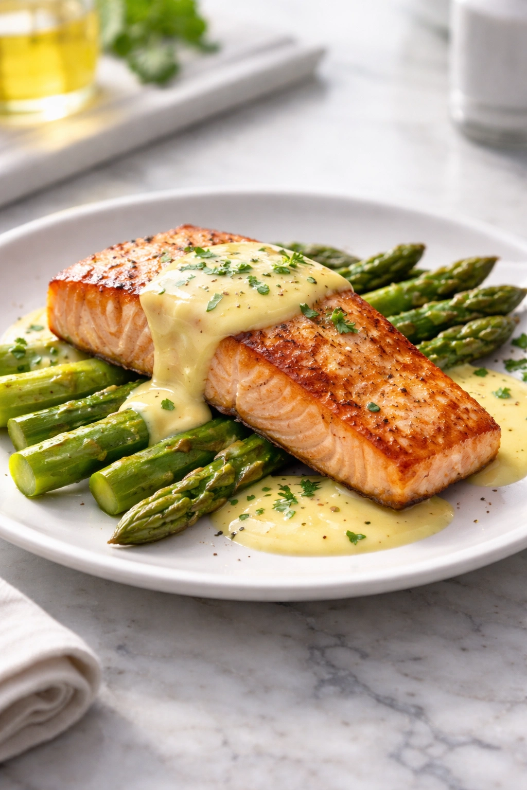 Pan-seared salmon with asparagus and hollandaise on plate, keto-friendly