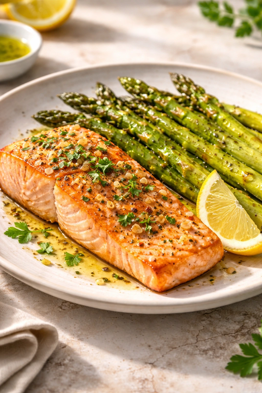 Plate of baked salmon with asparagus and lemon wedge