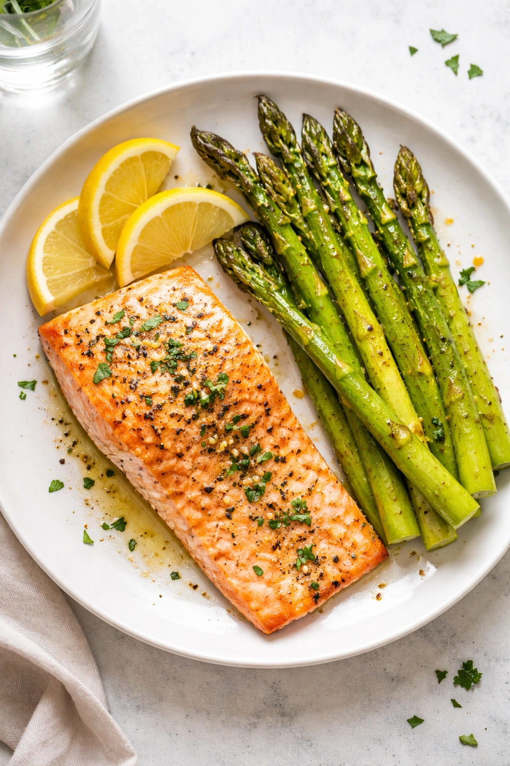 Baked salmon with asparagus and lemon on a plate