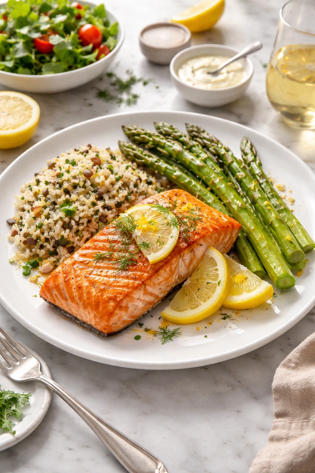 Plate with salmon fillet, asparagus, and wild rice showing balanced sides