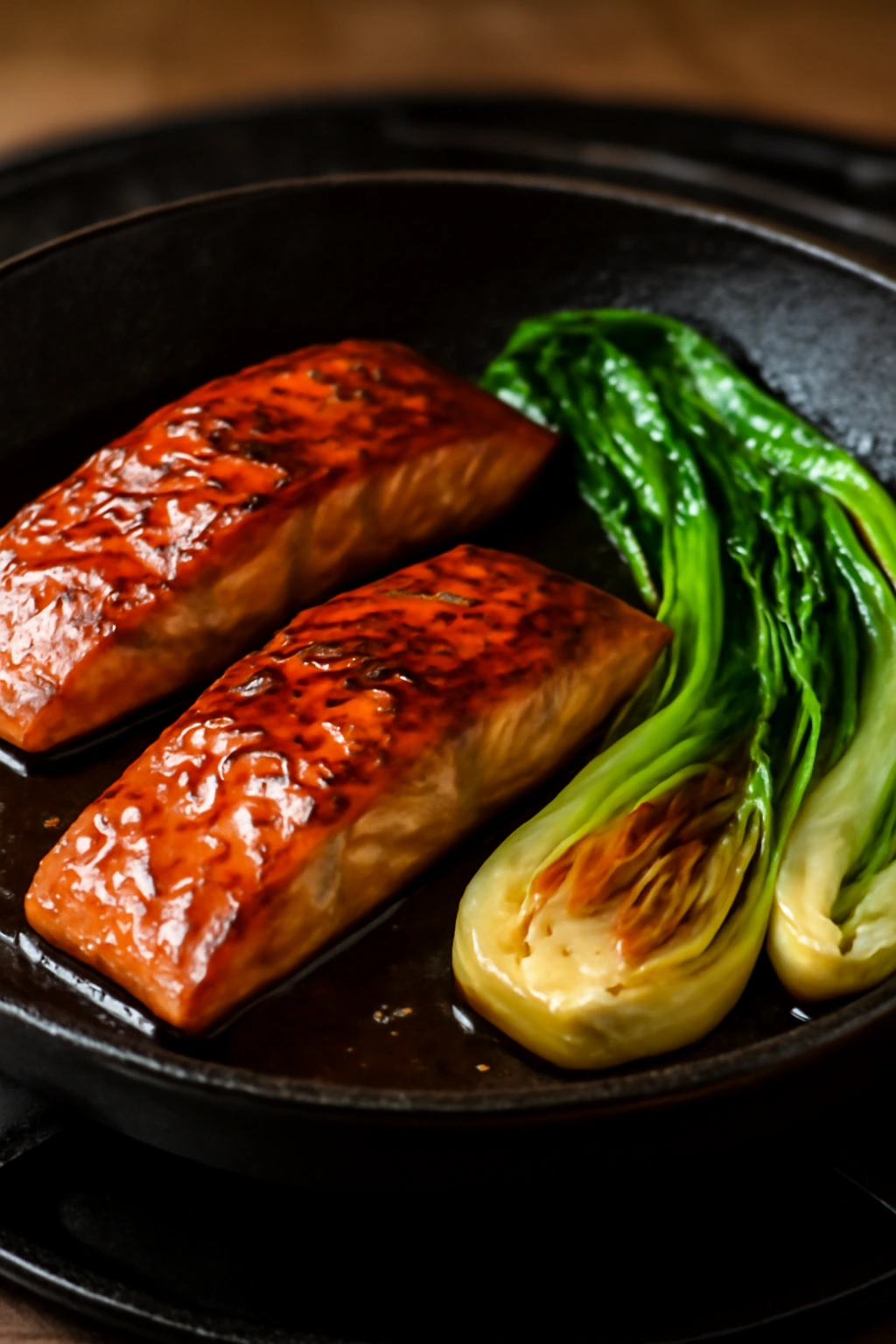 Soy-glazed salmon with bok choy on a plate