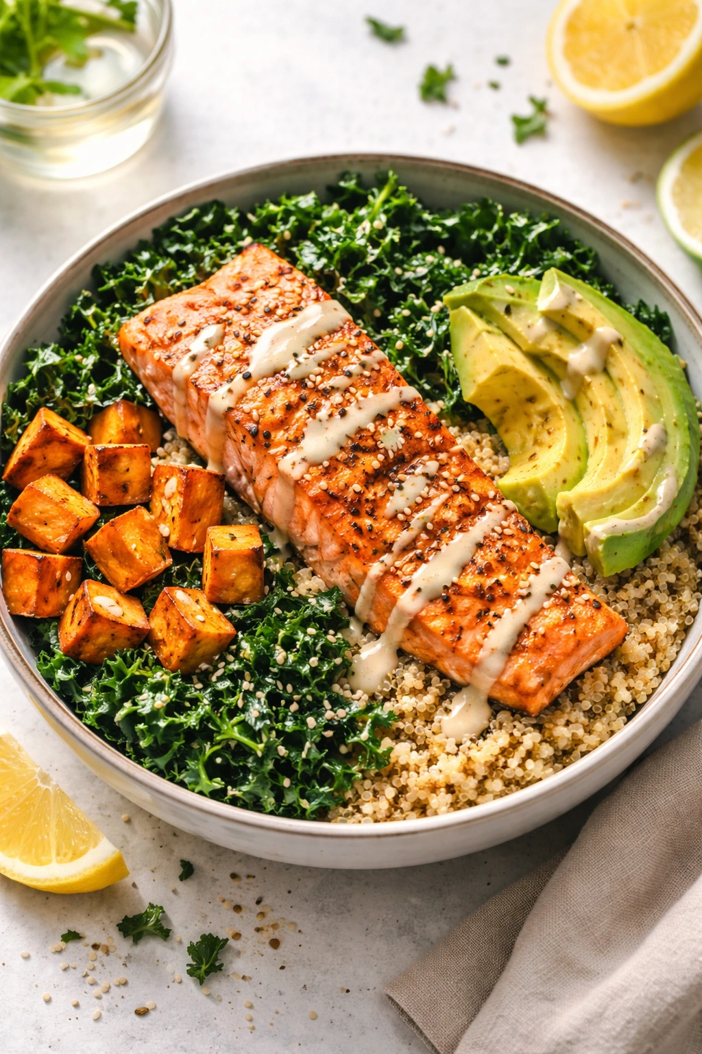 Close-up of Salmon Buddha Bowl featuring roasted salmon, quinoa, sweet potato, kale, avocado, and tahini dressing.