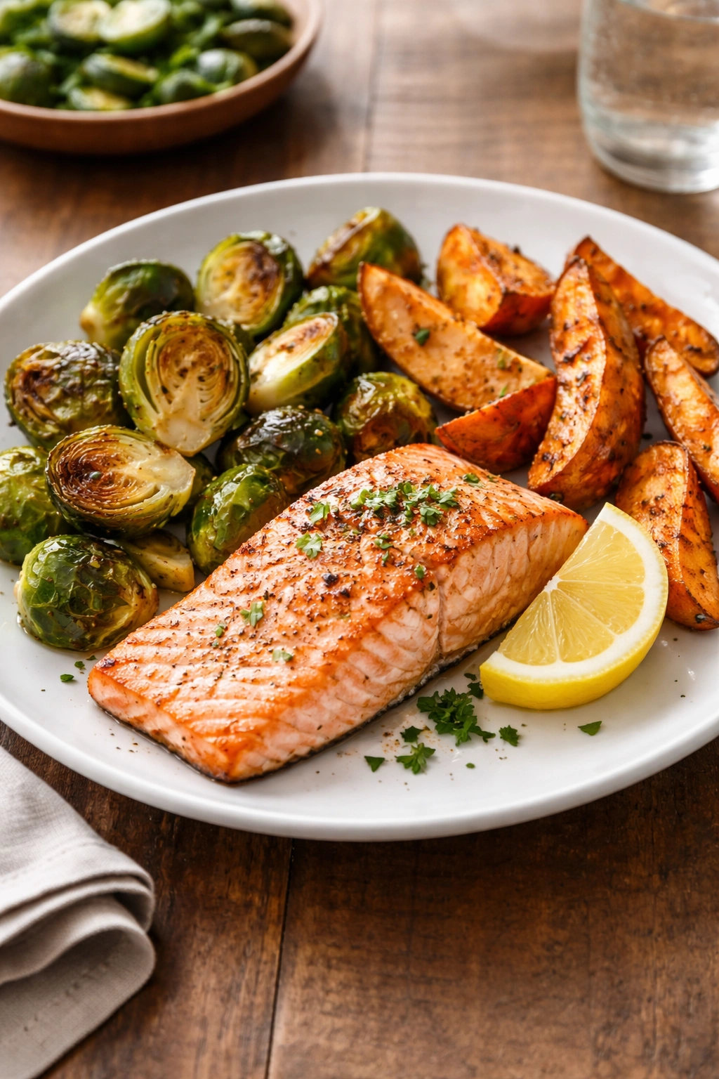 Salmon with Brussels sprouts and sweet potato on plate