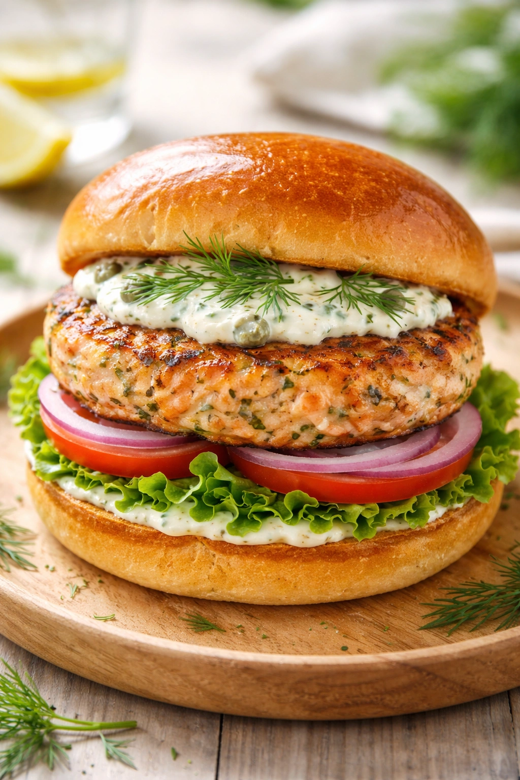 Salmon burger with fresh dill on a toasted bun