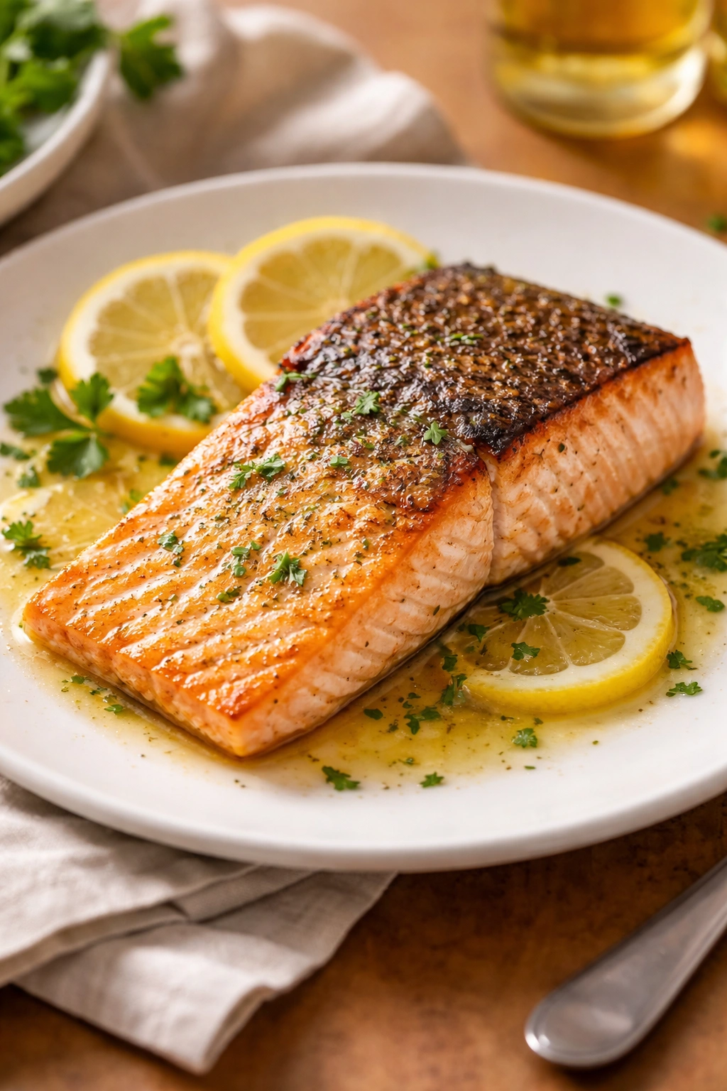 Salmon fillet with crispy skin and lemon butter sauce on a white plate