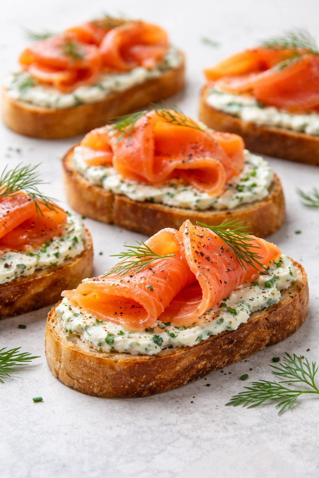 Crostini topped with herbed cream cheese and smoked salmon.