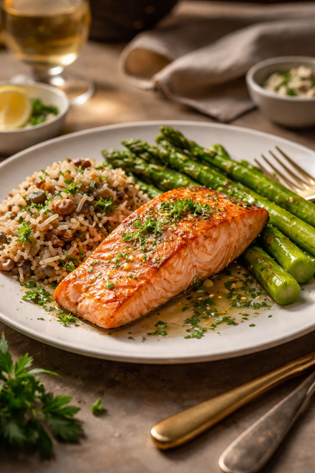 Elegant salmon dinner with asparagus and wild rice on a plate