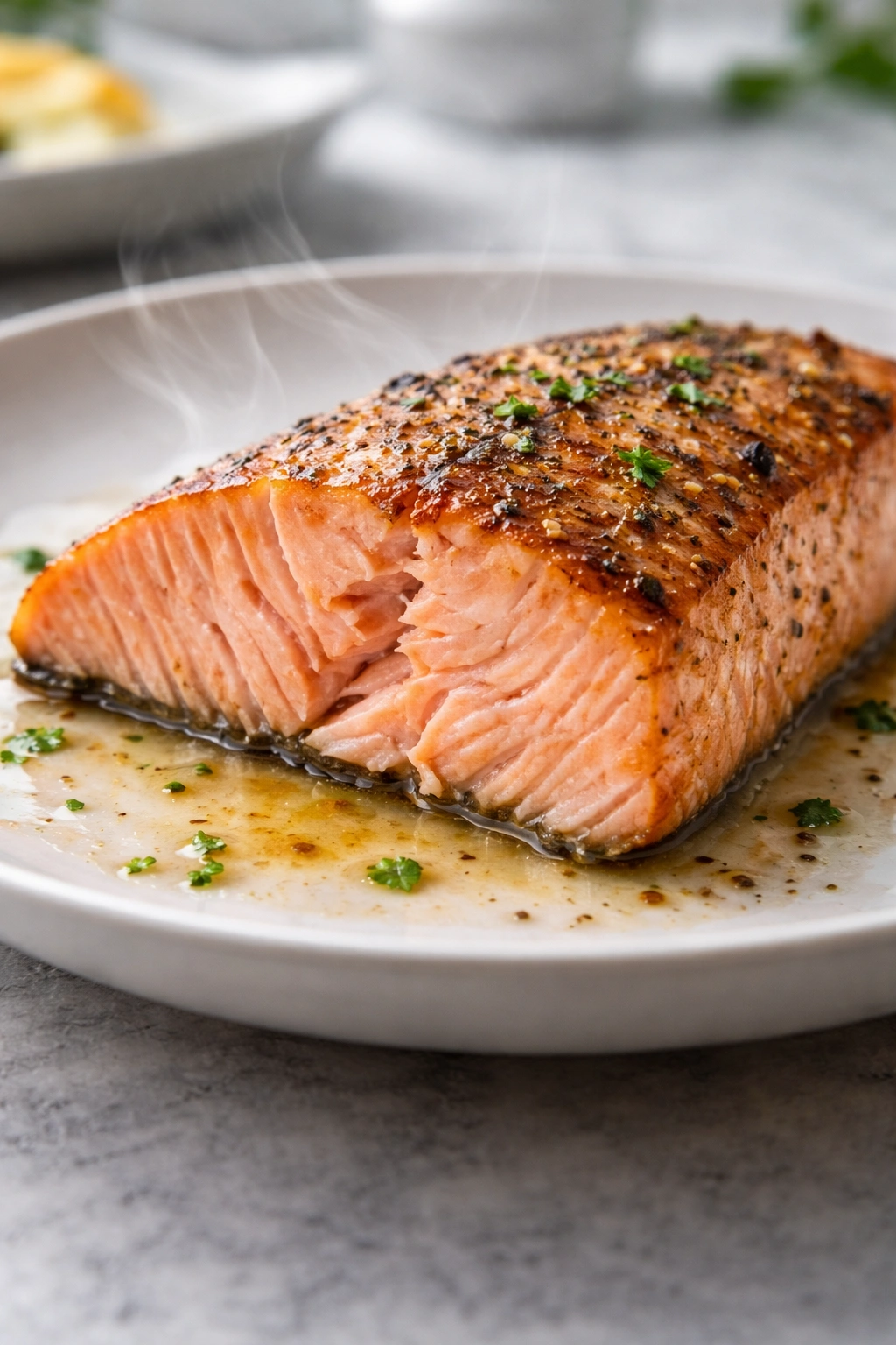 Cross-section of salmon showing moist pink center indicating proper doneness