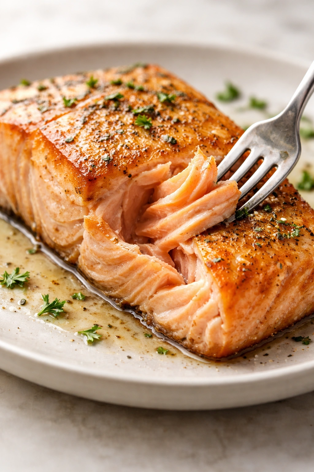 Salmon fillet with flaky texture and translucent center tested with fork