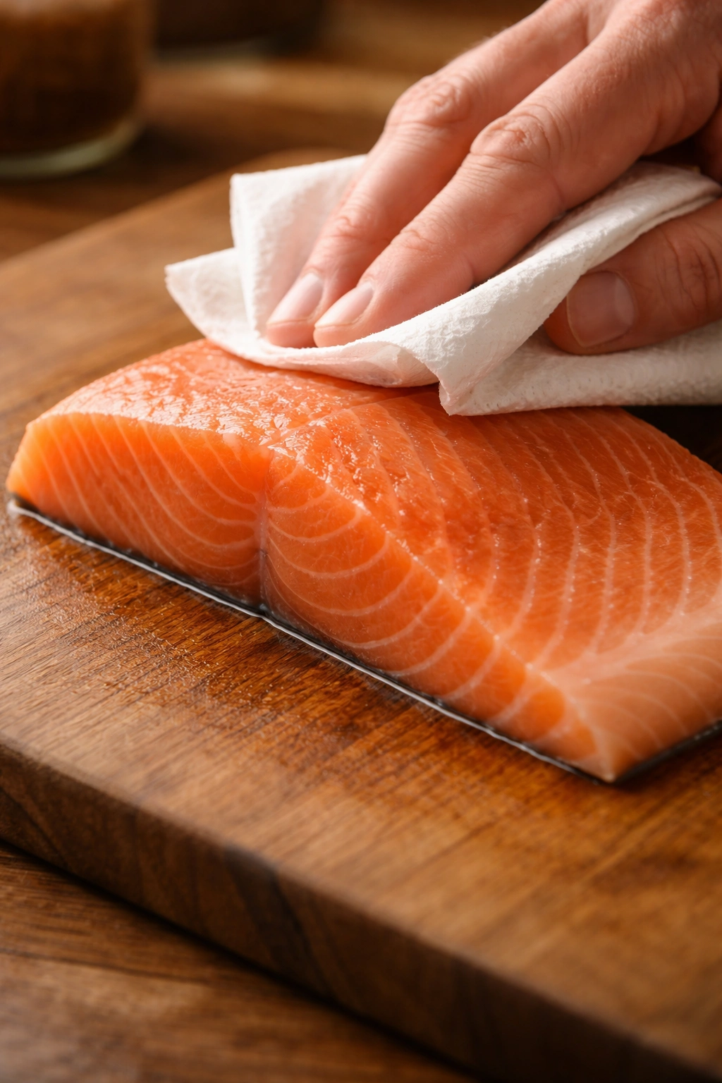 Salmon fillet being dried with a paper towel on a wooden board.