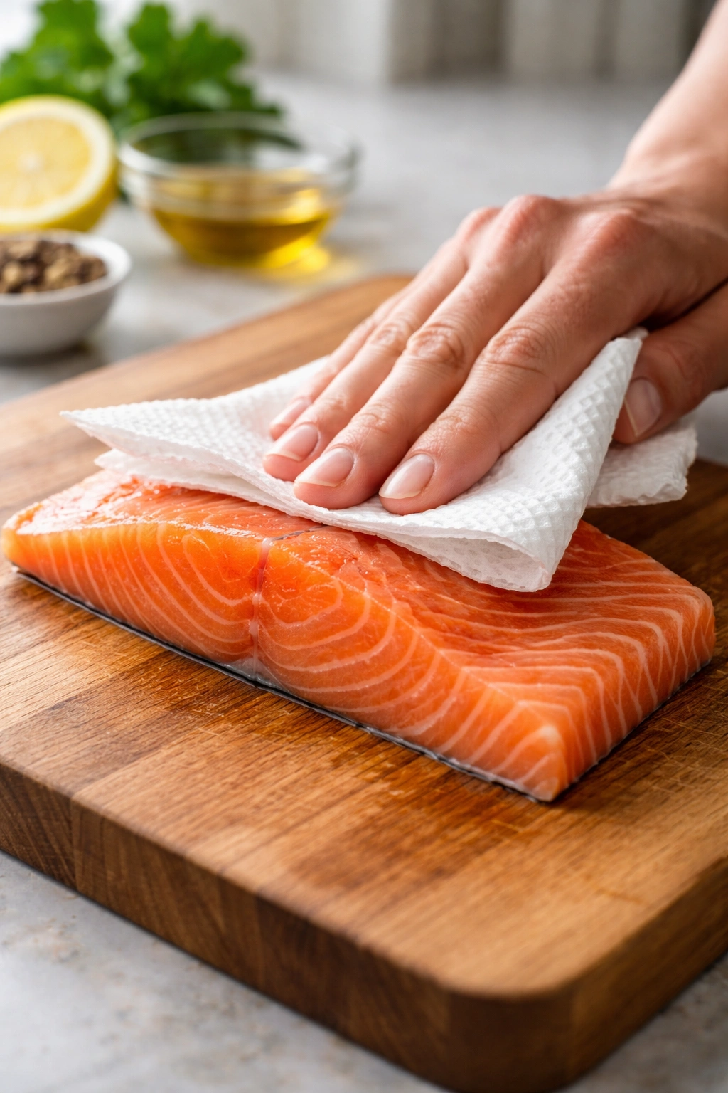 Close-up of a salmon fillet being patted dry on a cutting board to ensure crispy browning