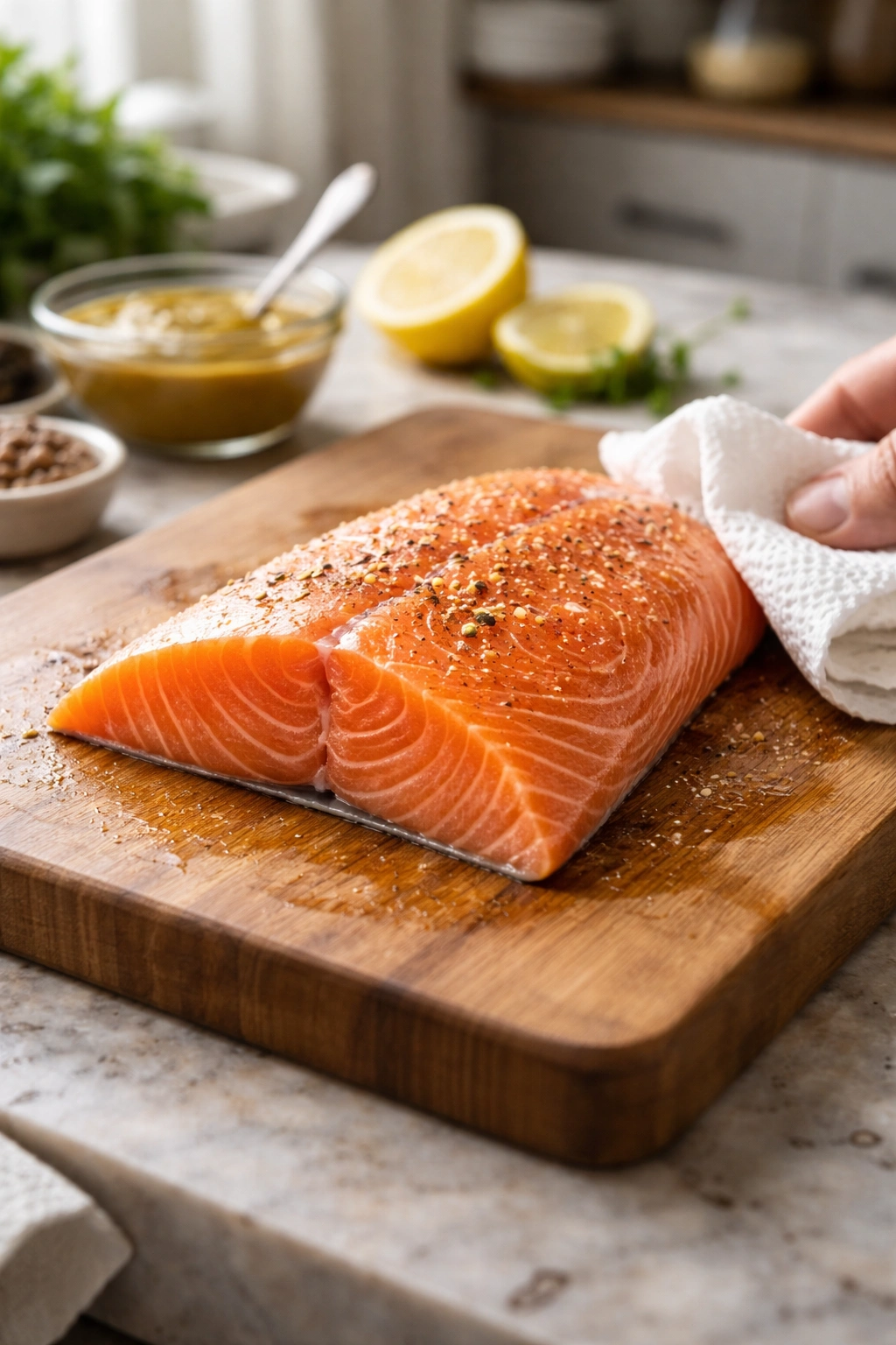 Salmon fillet on cutting board with a dry towel nearby to indicate patting dry
