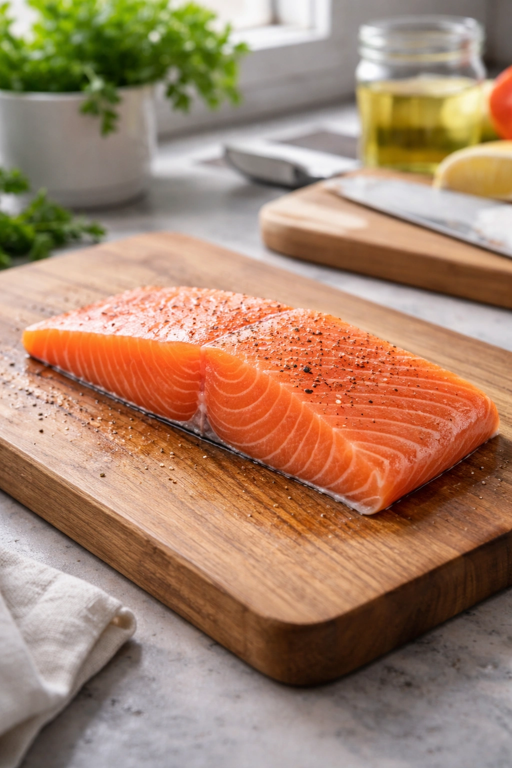 Salmon fillet on wooden cutting board ready for quick roasting