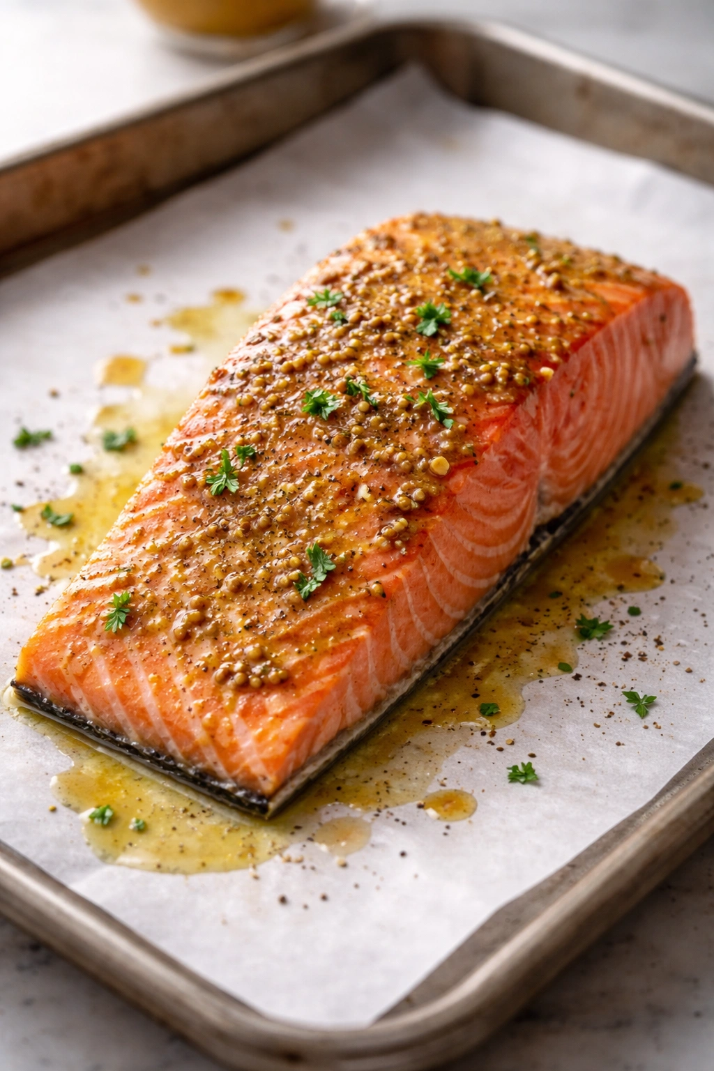 Single skin-on salmon fillet on a neutral surface.