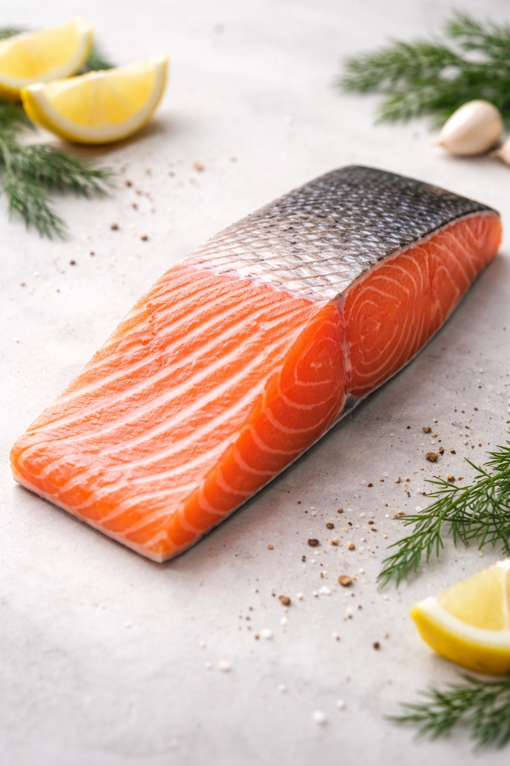 Skin-on salmon fillet with pink flesh on neutral background