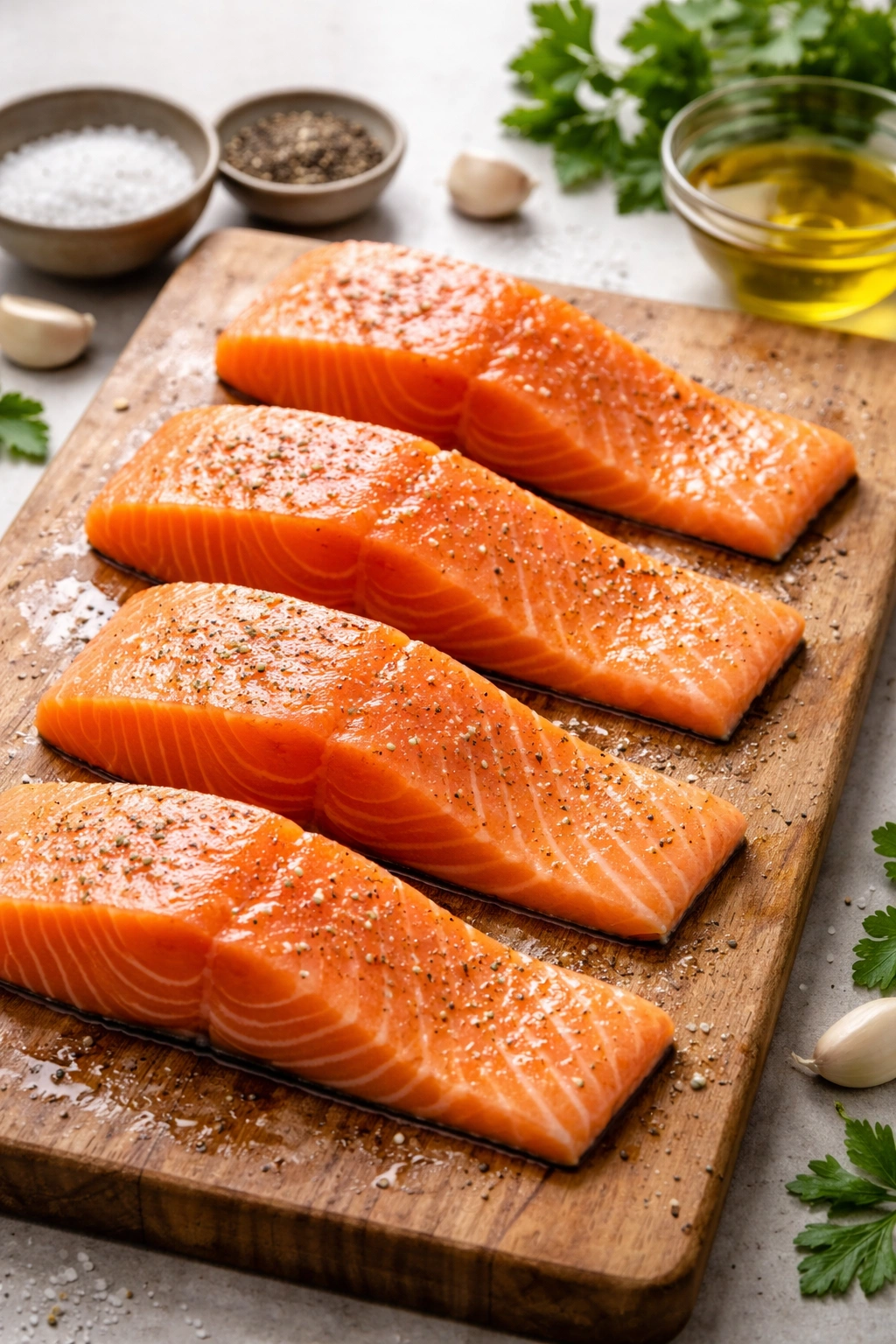 Salmon fillets with olive oil ready for glaze