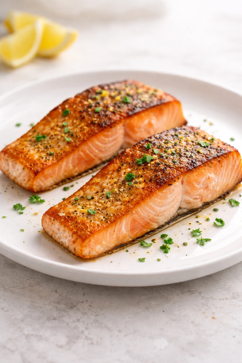 Two pan-seared salmon fillets with crispy skin on a white plate
