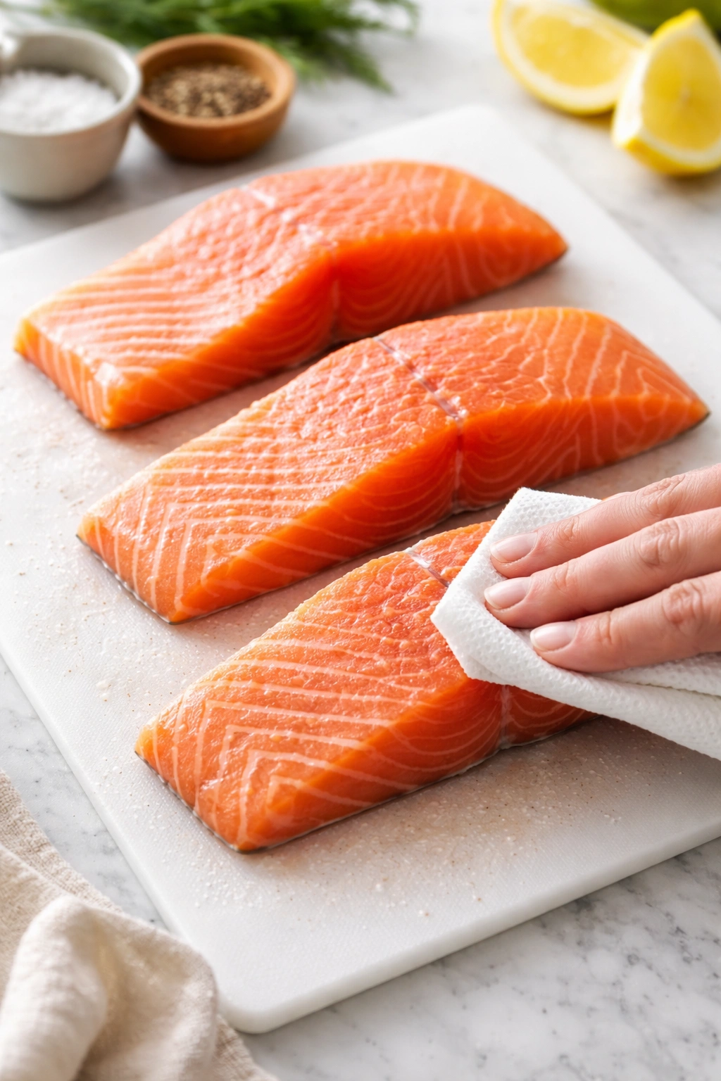 Salmon fillets being patted dry with paper towels