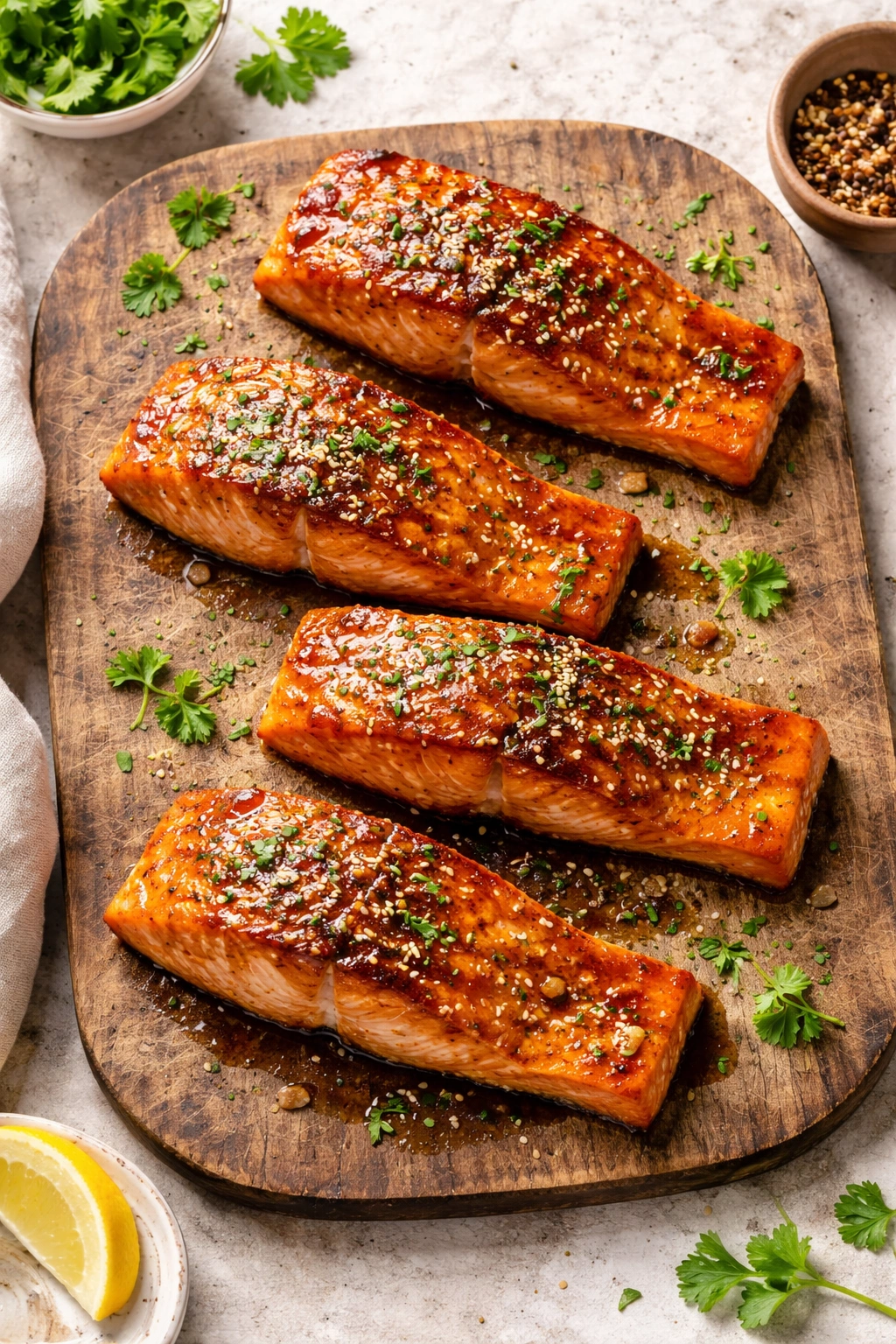 Four salmon fillets arranged on board