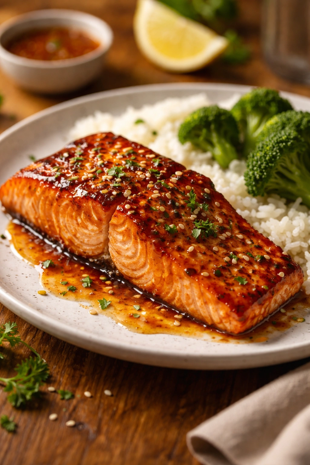 Restaurant-quality honey garlic salmon plated attractively for final thoughts
