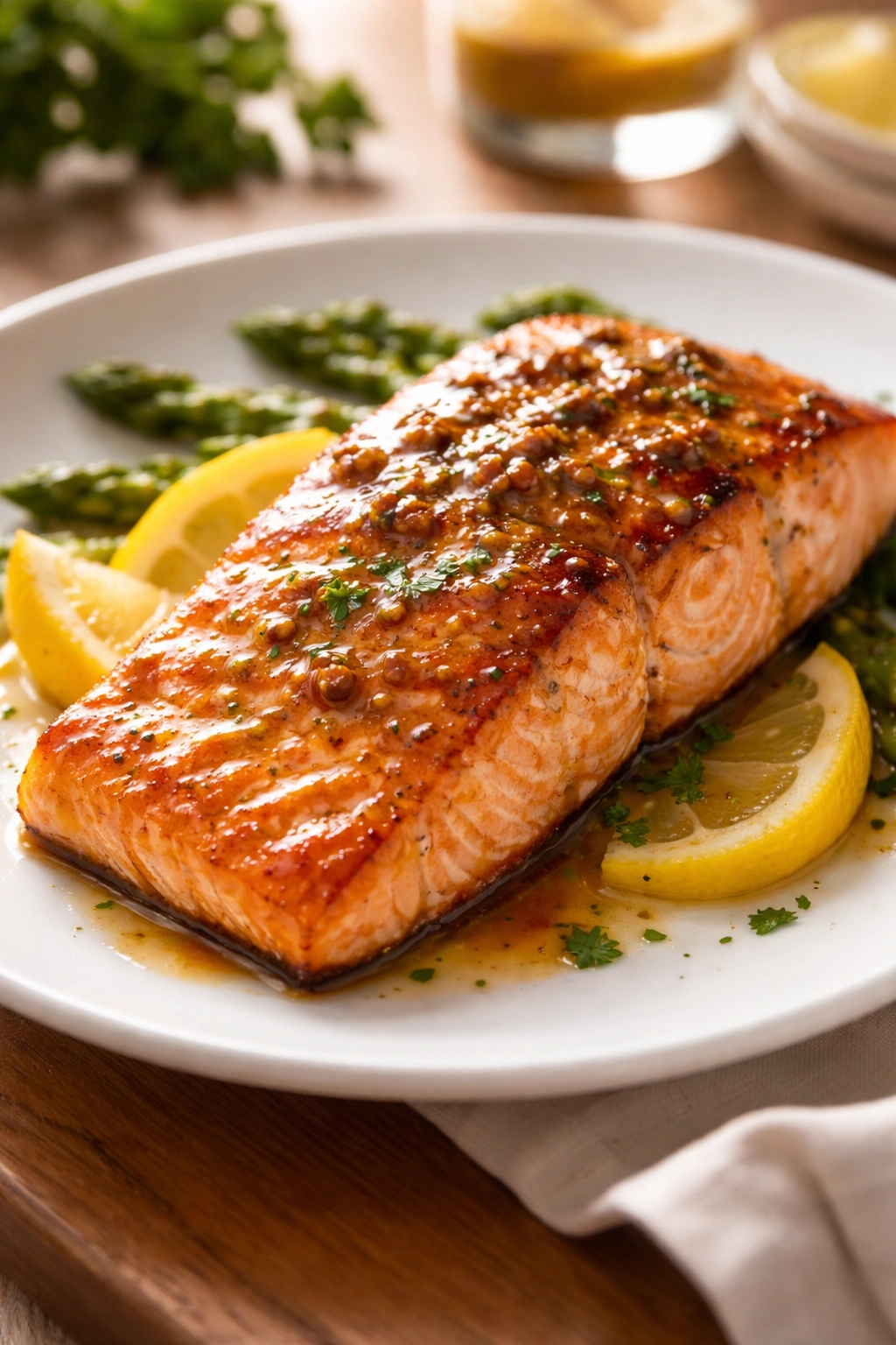 Salmon fillet with honey mustard glaze on plate in warm kitchen lighting