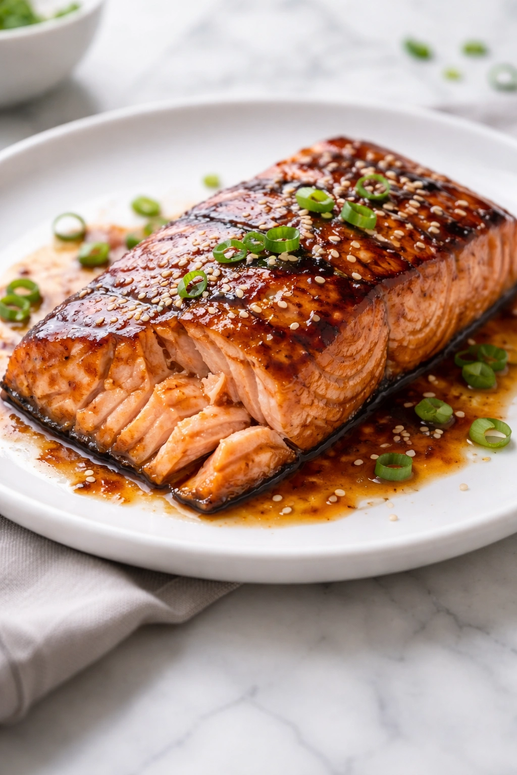 Close-up of a glossy moist salmon fillet on a plate