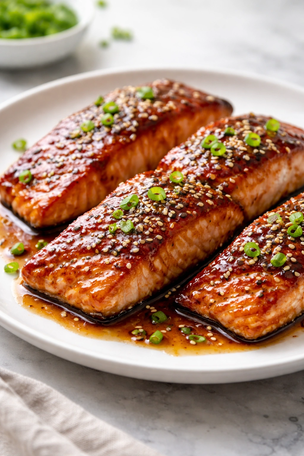 Salmon with soy-ginger glaze and sesame seeds on plate