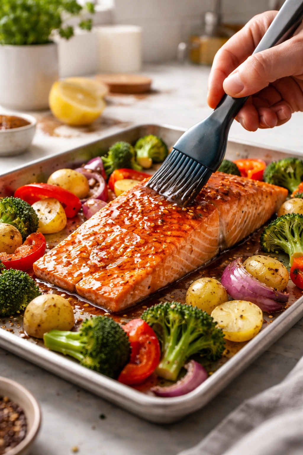 Salmon being brushed with glaze on a sheet pan