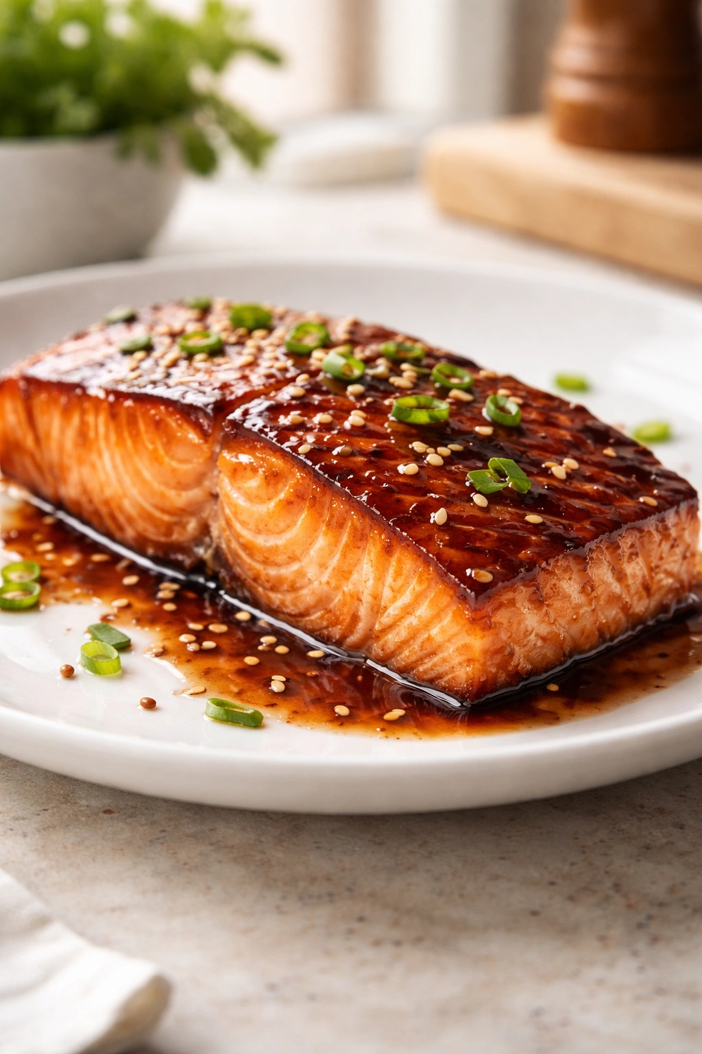 Close-up of glossy soy-glazed salmon fillet on white plate