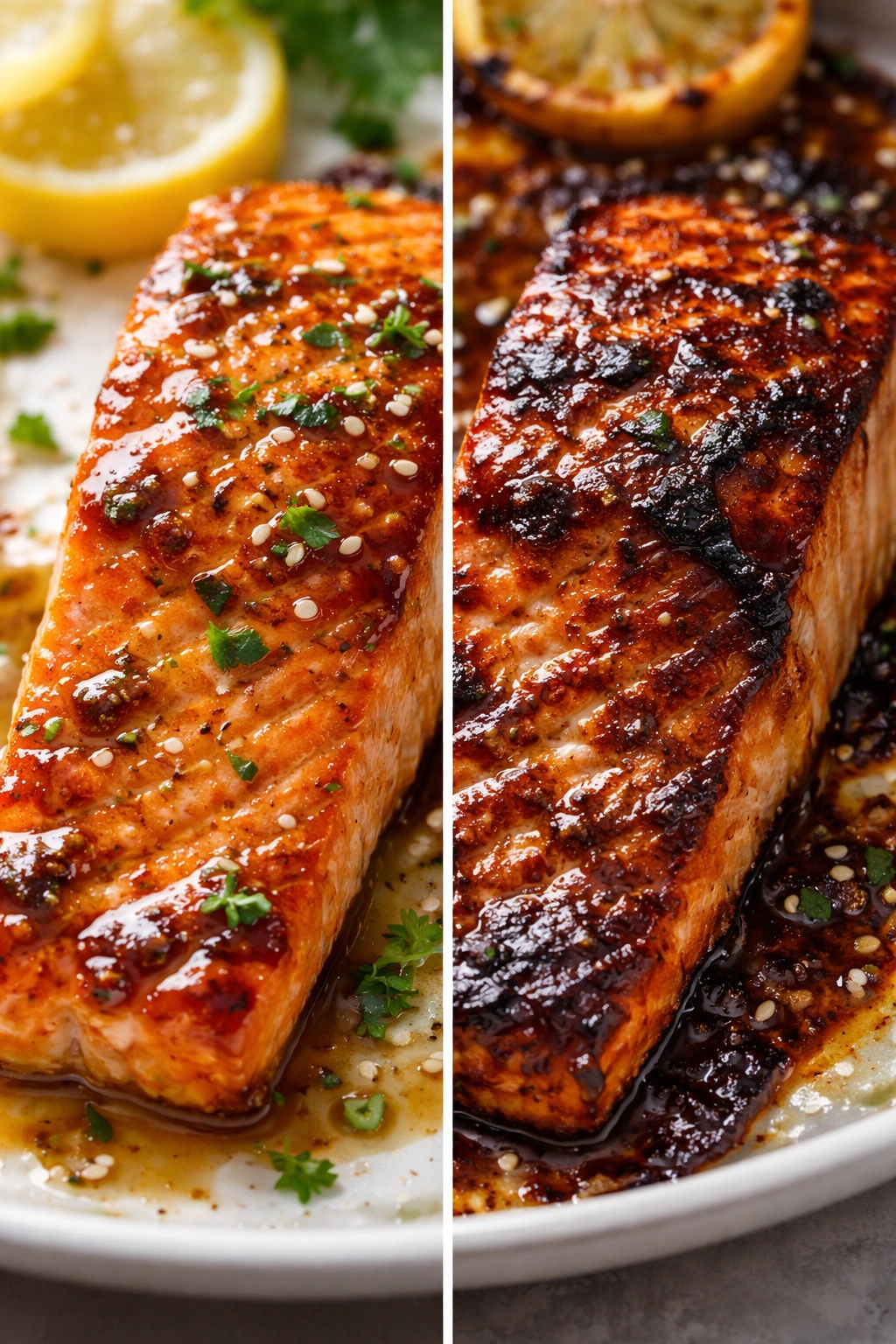 Split view of salmon showing properly glazed vs burnt glaze to illustrate tips and mistakes