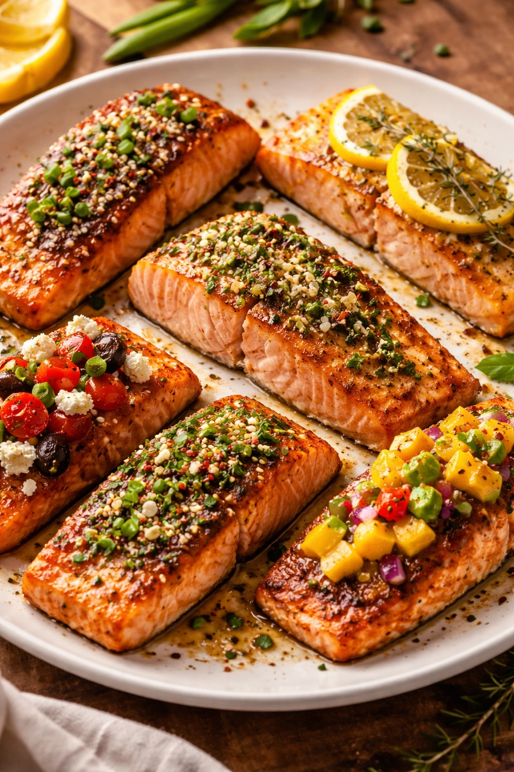 Salmon fillet with glaze variations arranged around it.