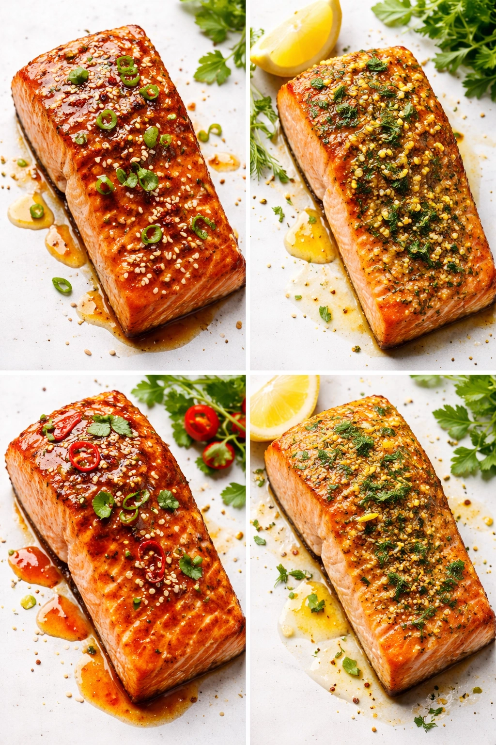 Salmon fillet with glossy glaze suggesting flavor variations