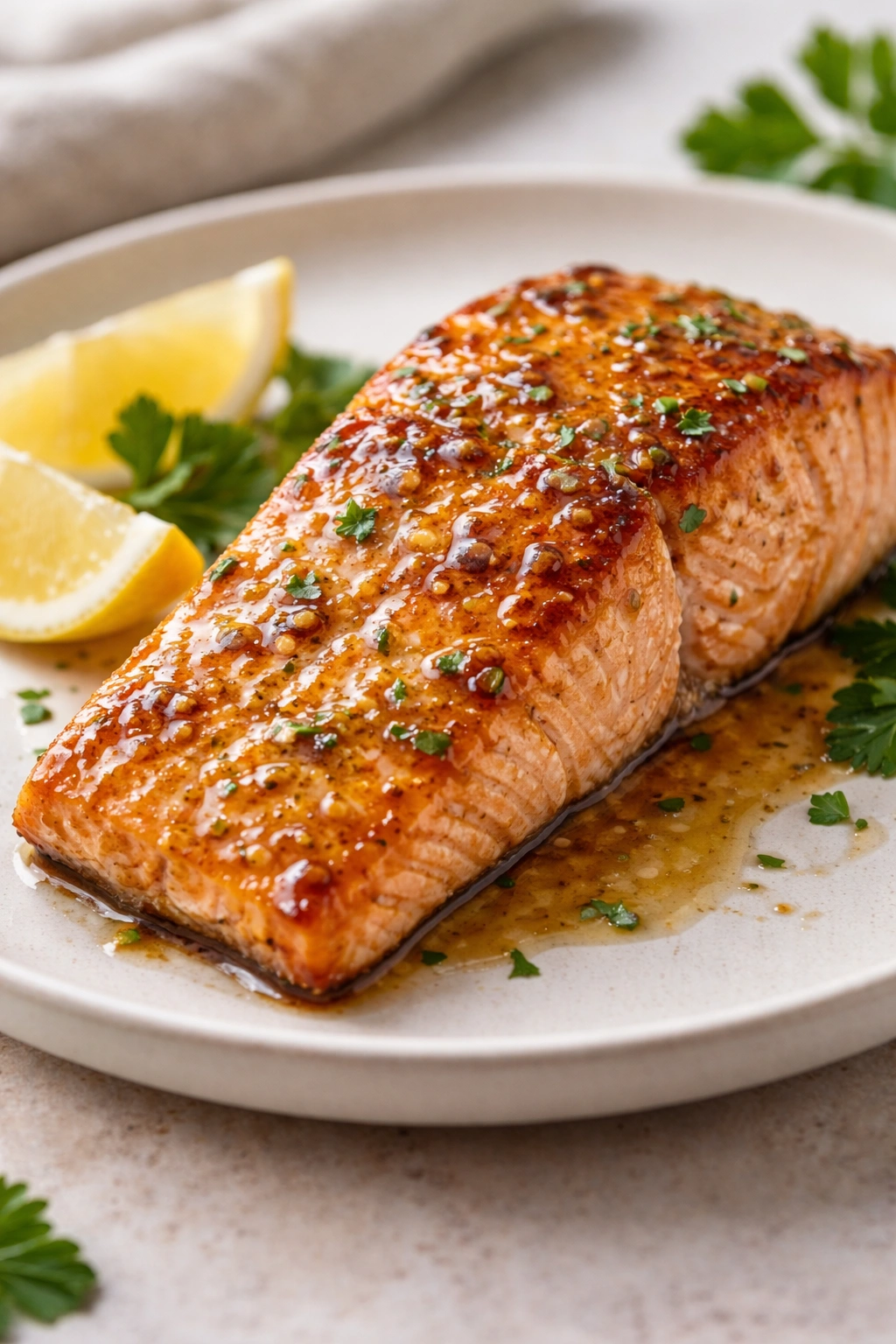 Salmon fillet with glazed honey mustard on neutral plate