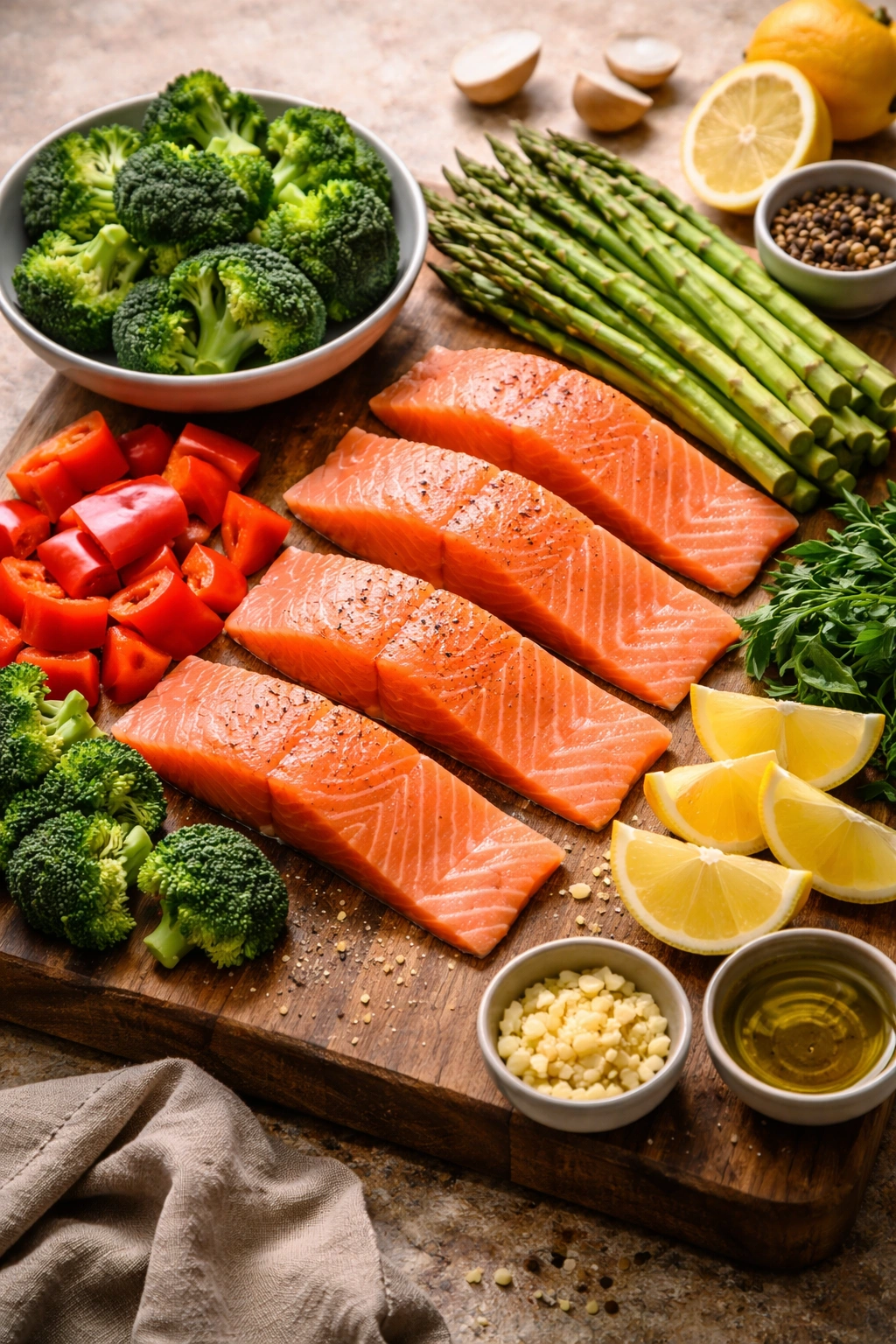 Raw salmon fillets with broccoli, peppers, and asparagus arranged on wooden board.